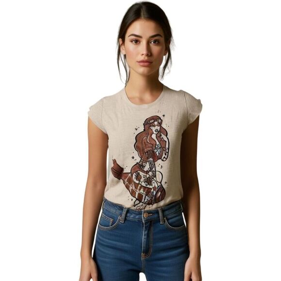 Aviator Tattoo Pin Up Girl Graphic Beige Tee Shirt Size S - Picture 1 of 8